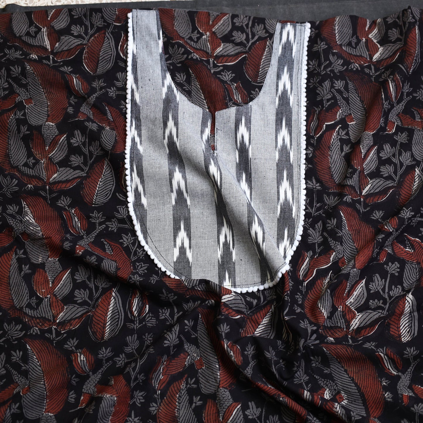 Buy Black Bagru Print Patchwork Cotton Kurta Material