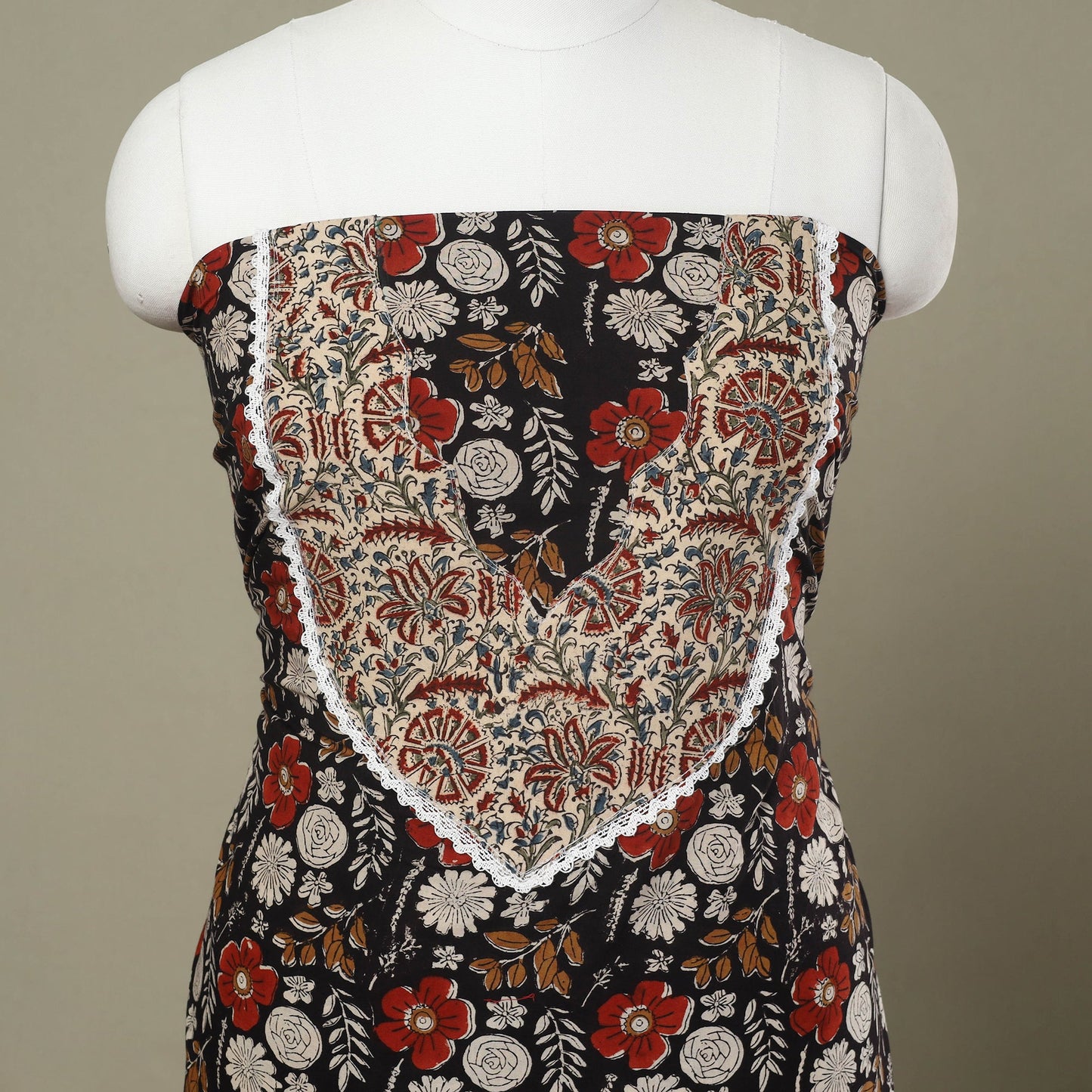 Buy Black Bagru Print Patchwork Cotton Kurta Material