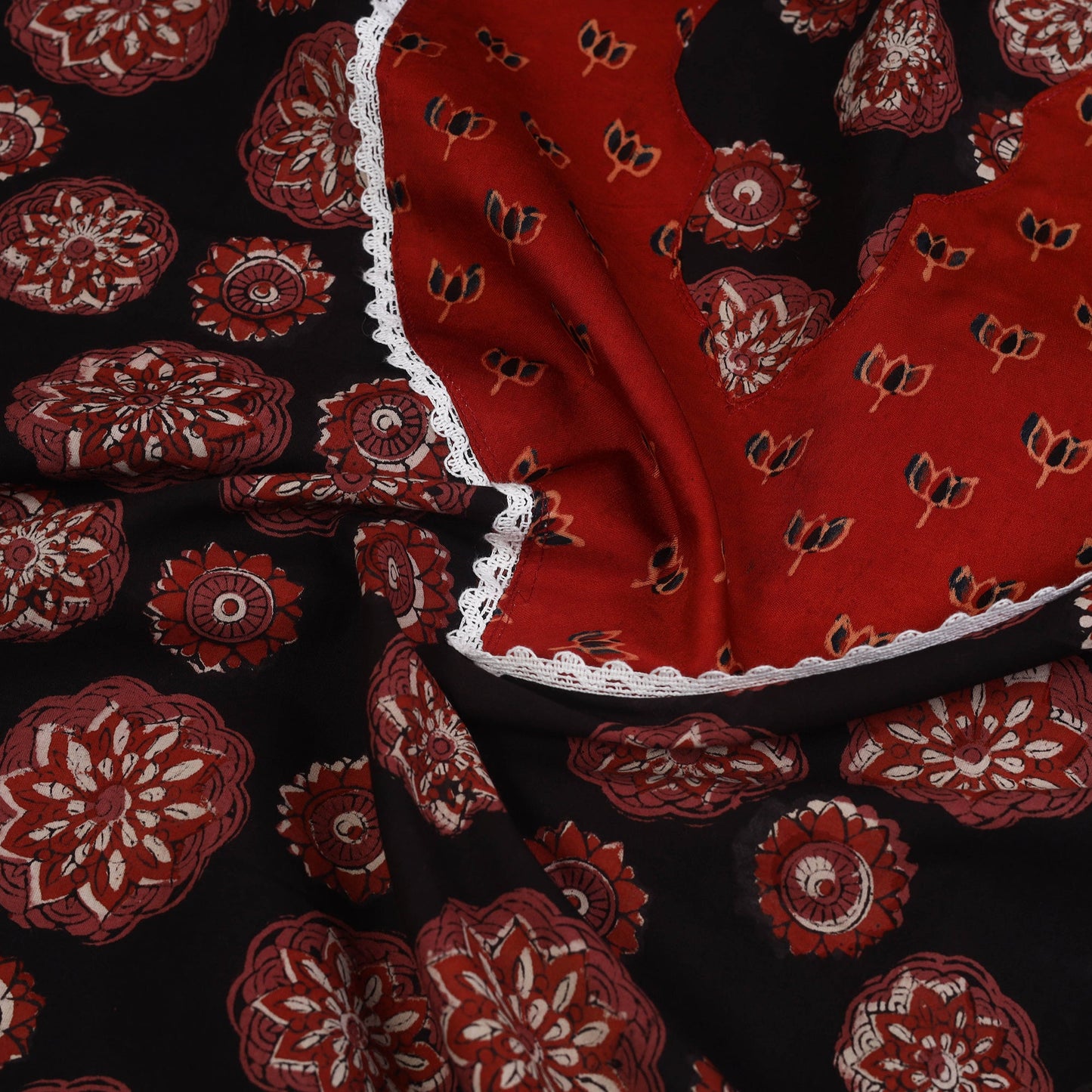 Buy Black Bagru Print Patchwork Cotton Kurta Material