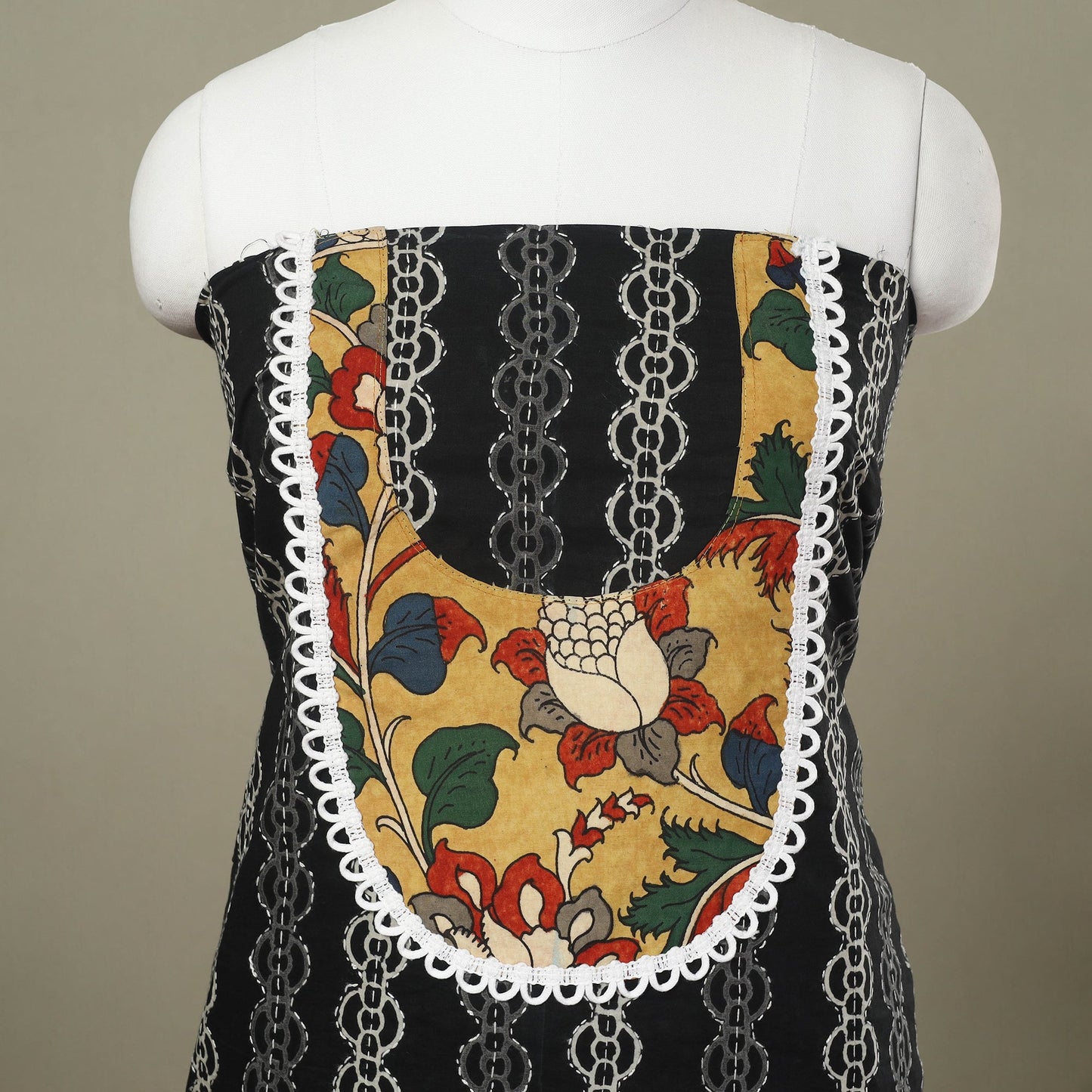 Buy Black Bagru Print Patchwork Cotton Kurta Material