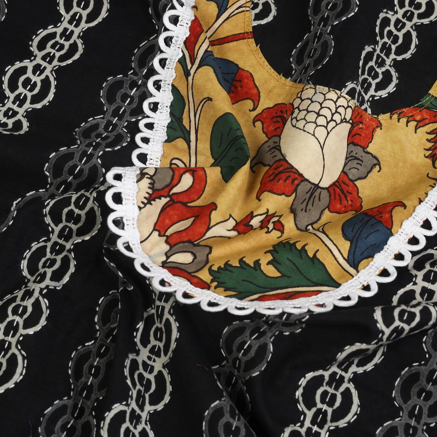 Buy Black Bagru Print Patchwork Cotton Kurta Material