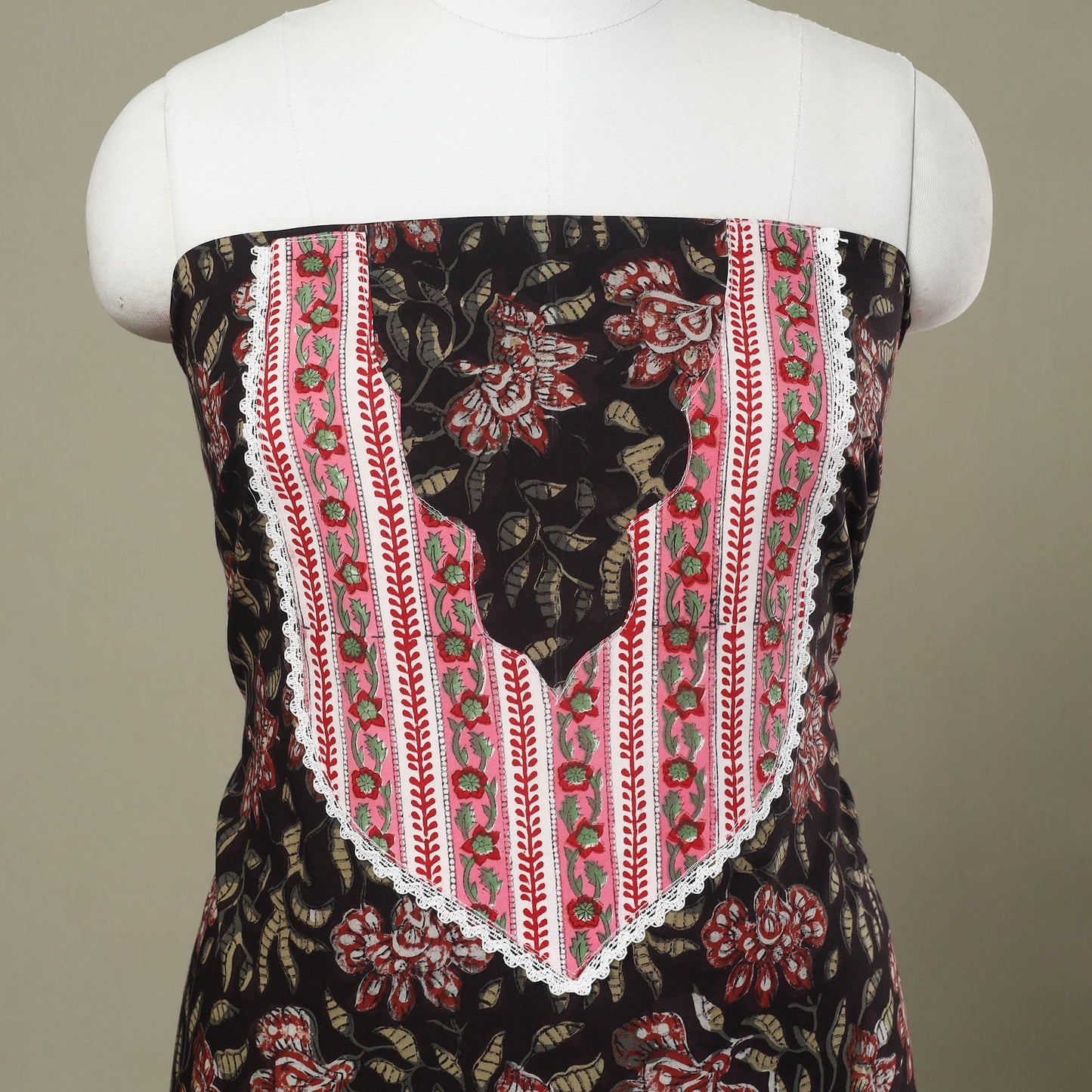 Buy Black Bagru Print Patchwork Cotton Kurta Material