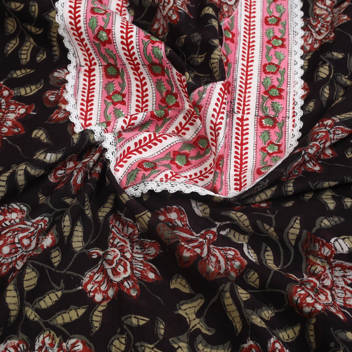 Buy Black Bagru Print Patchwork Cotton Kurta Material