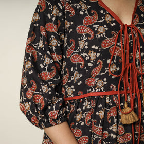 Black - bagru printed cotton flared dress 20 - handcrafted