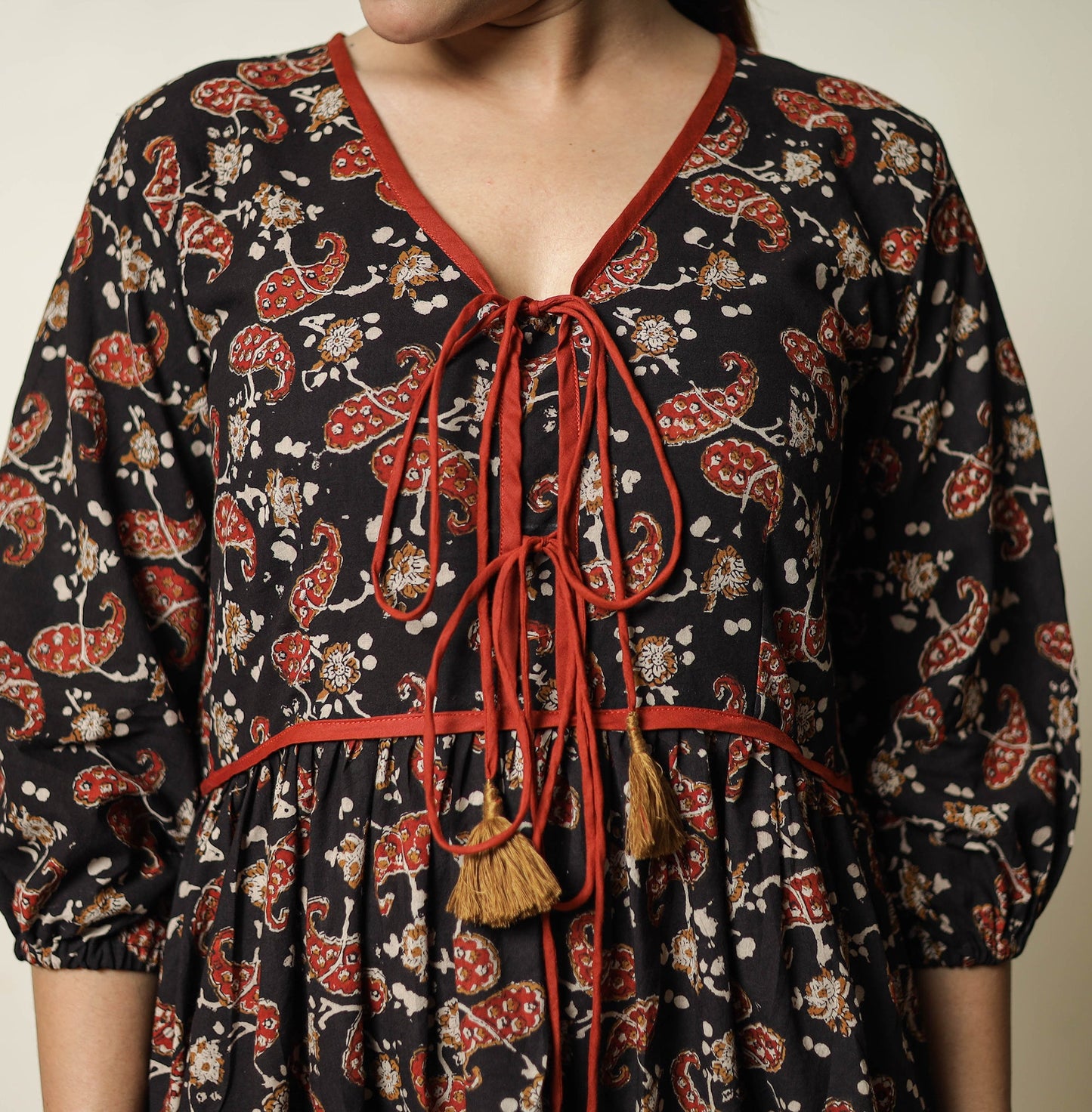 Black - bagru printed cotton flared dress 20 - handcrafted