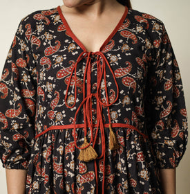 Black - bagru printed cotton flared dress 20 - handcrafted