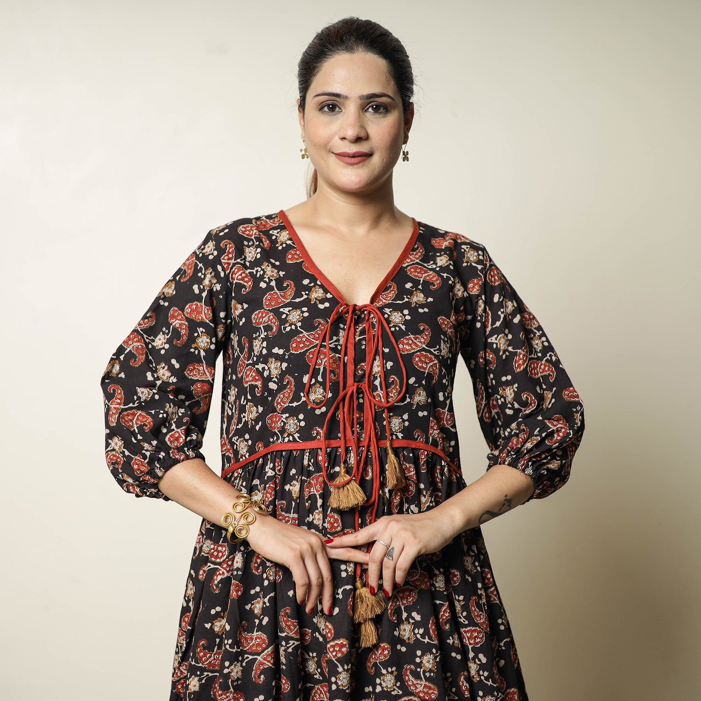 Black - bagru printed cotton flared dress 20 - handcrafted