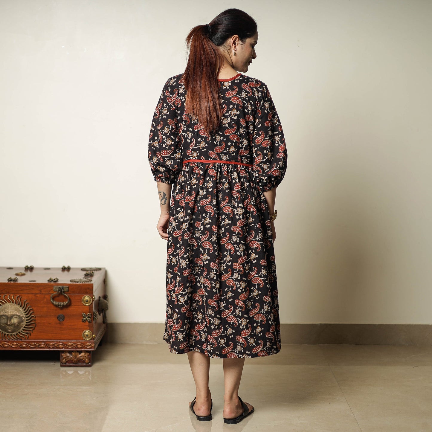 Black - bagru printed cotton flared dress 20 - handcrafted