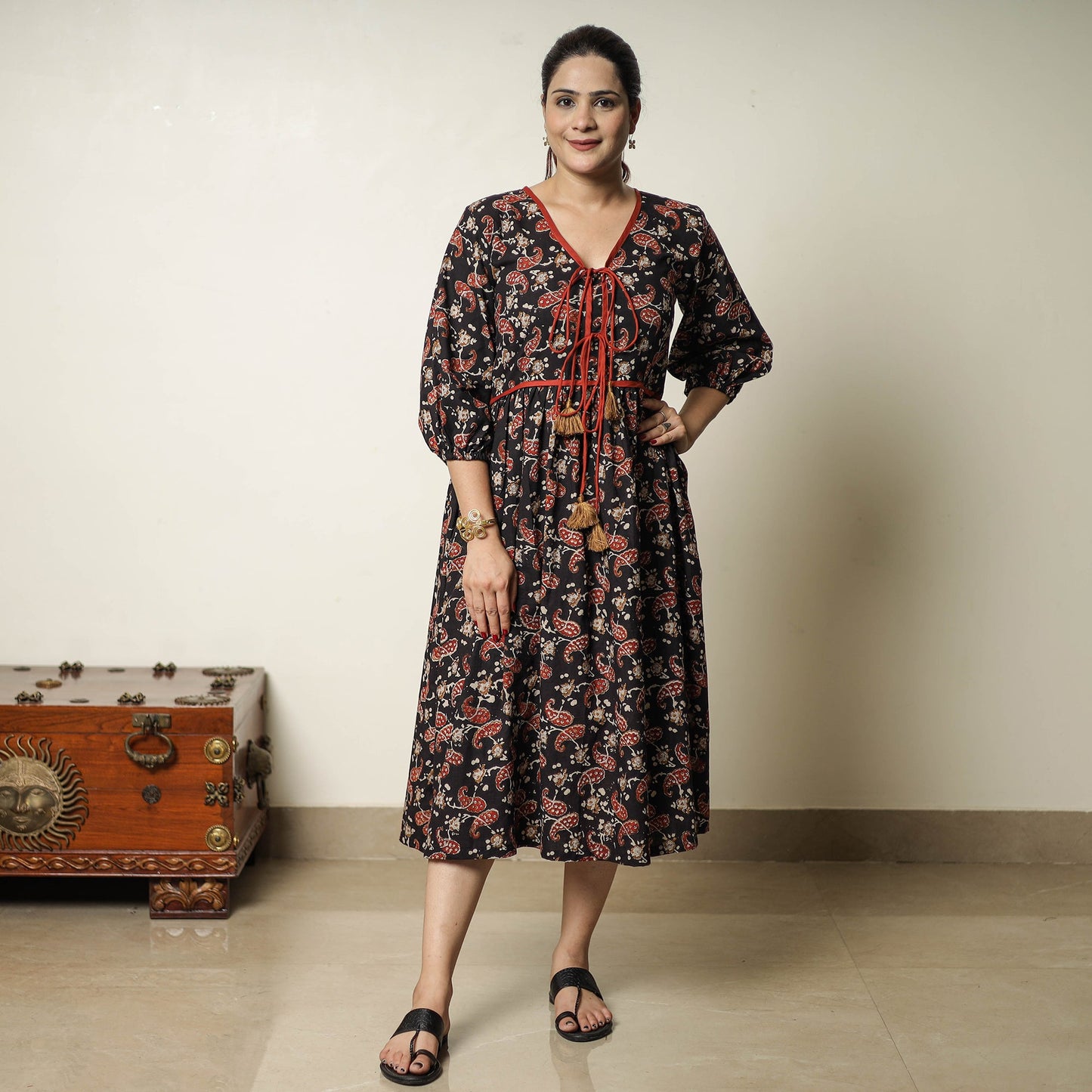 Black - bagru printed cotton flared dress 20 - handcrafted