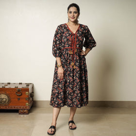 Black - bagru printed cotton flared dress 20 - handcrafted
