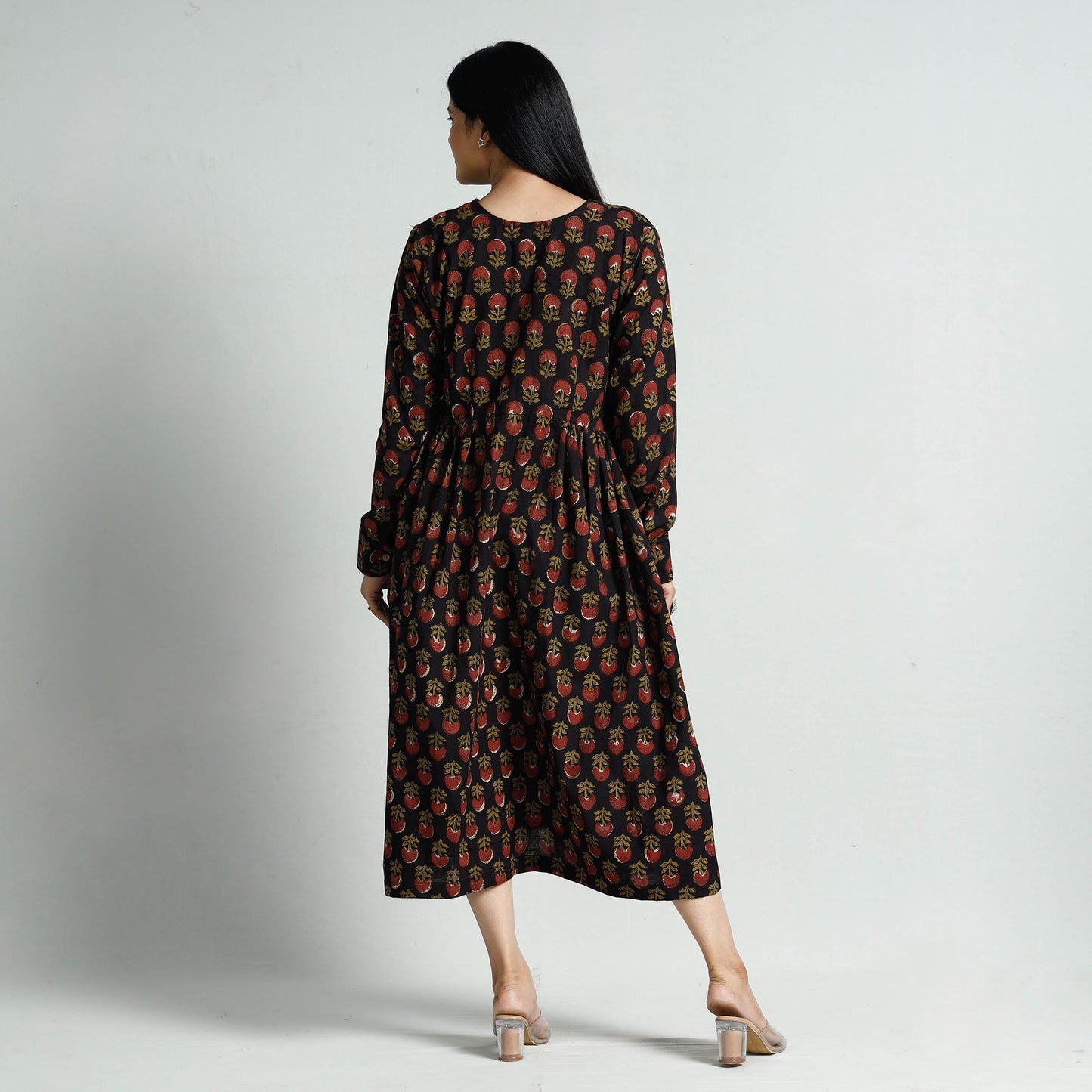 Black - Bagru Block Printed Cotton Flared Dress