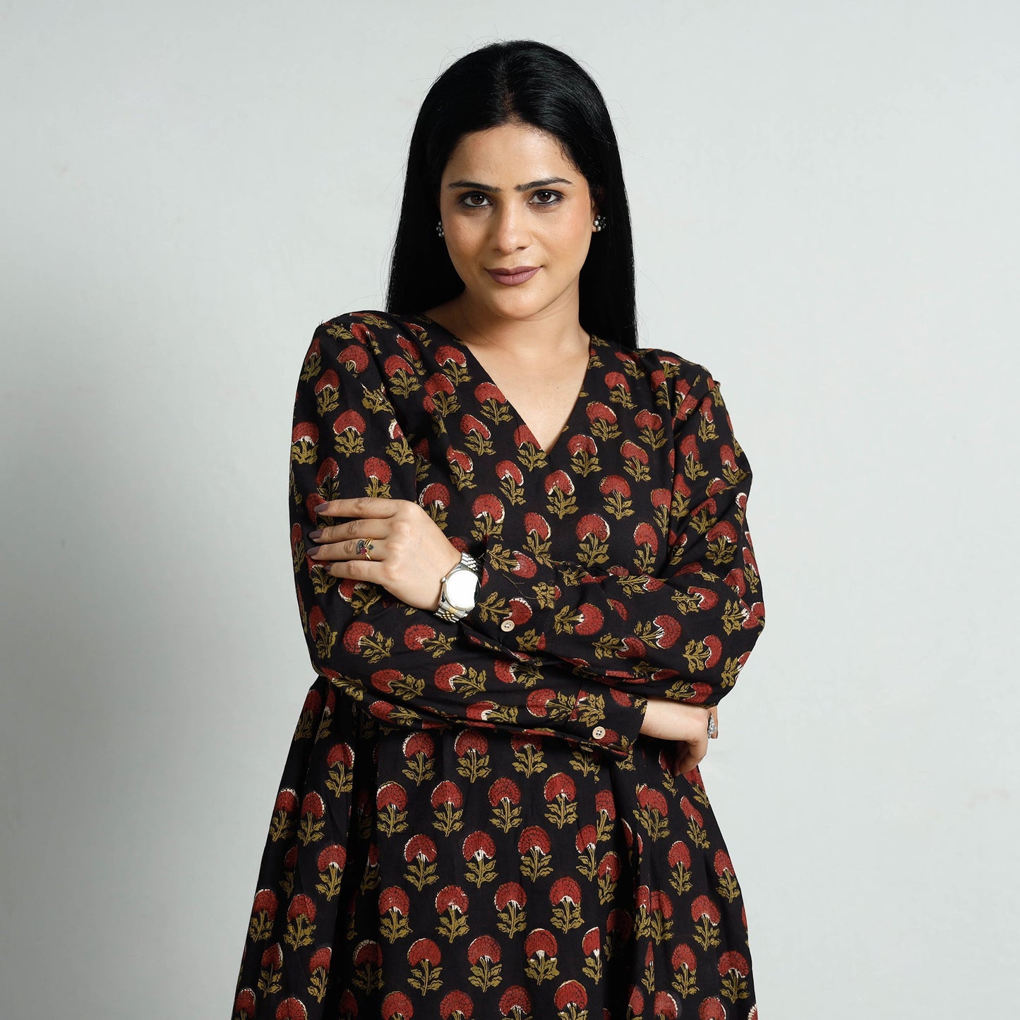 Black - Bagru Block Printed Cotton Flared Dress
