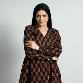 Black - Bagru Block Printed Cotton Flared Dress