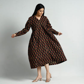 Black - Bagru Block Printed Cotton Flared Dress