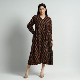 Black - Bagru Block Printed Cotton Flared Dress