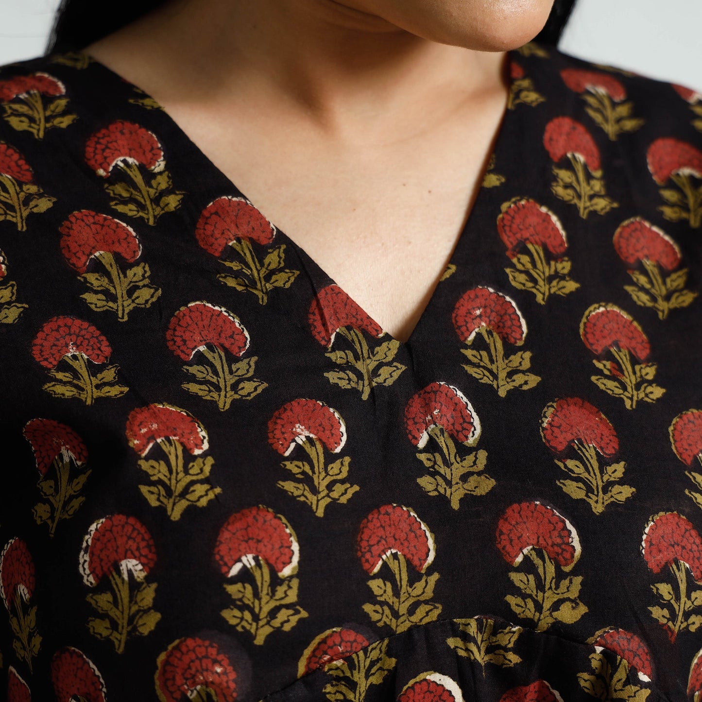 Black - Bagru Block Printed Cotton Flared Dress