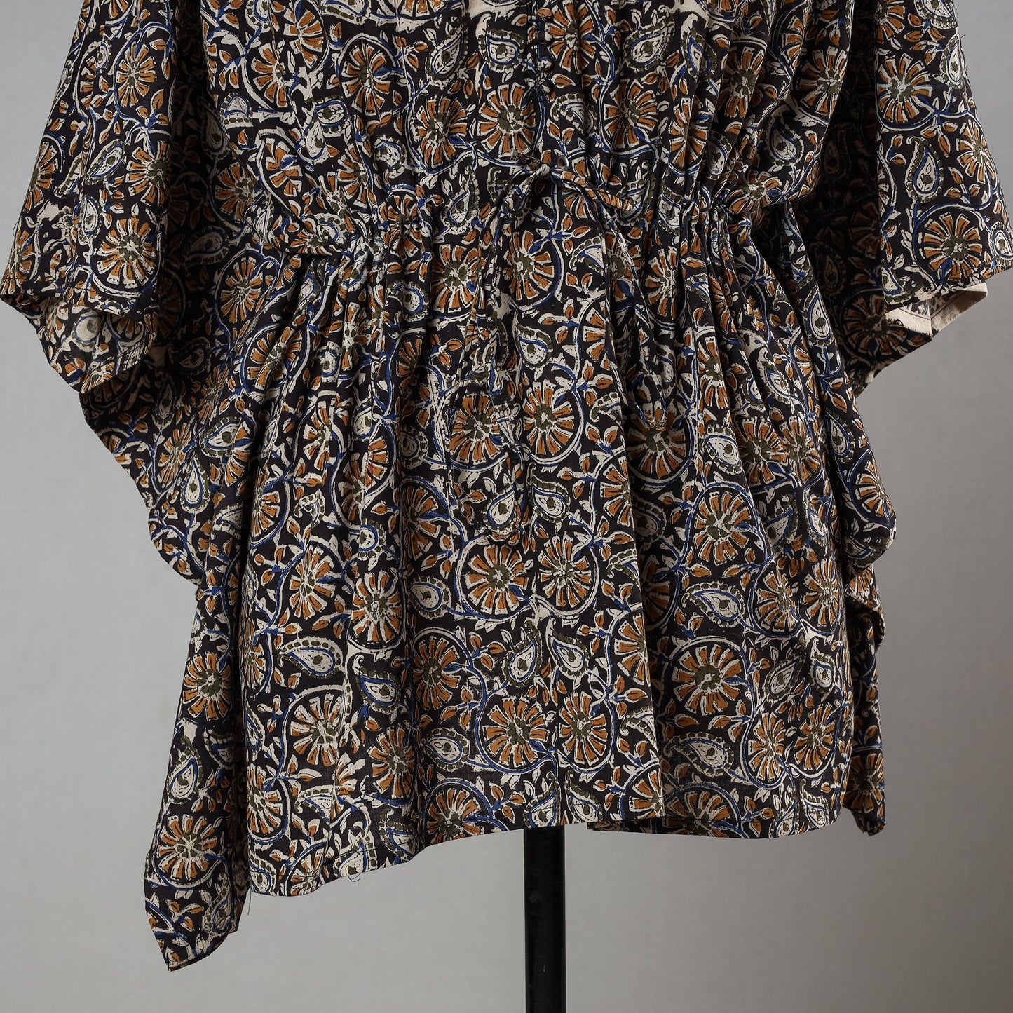 Black - Bagru Block Printed Cotton Kaftan with Tie-Up Waist (Short)