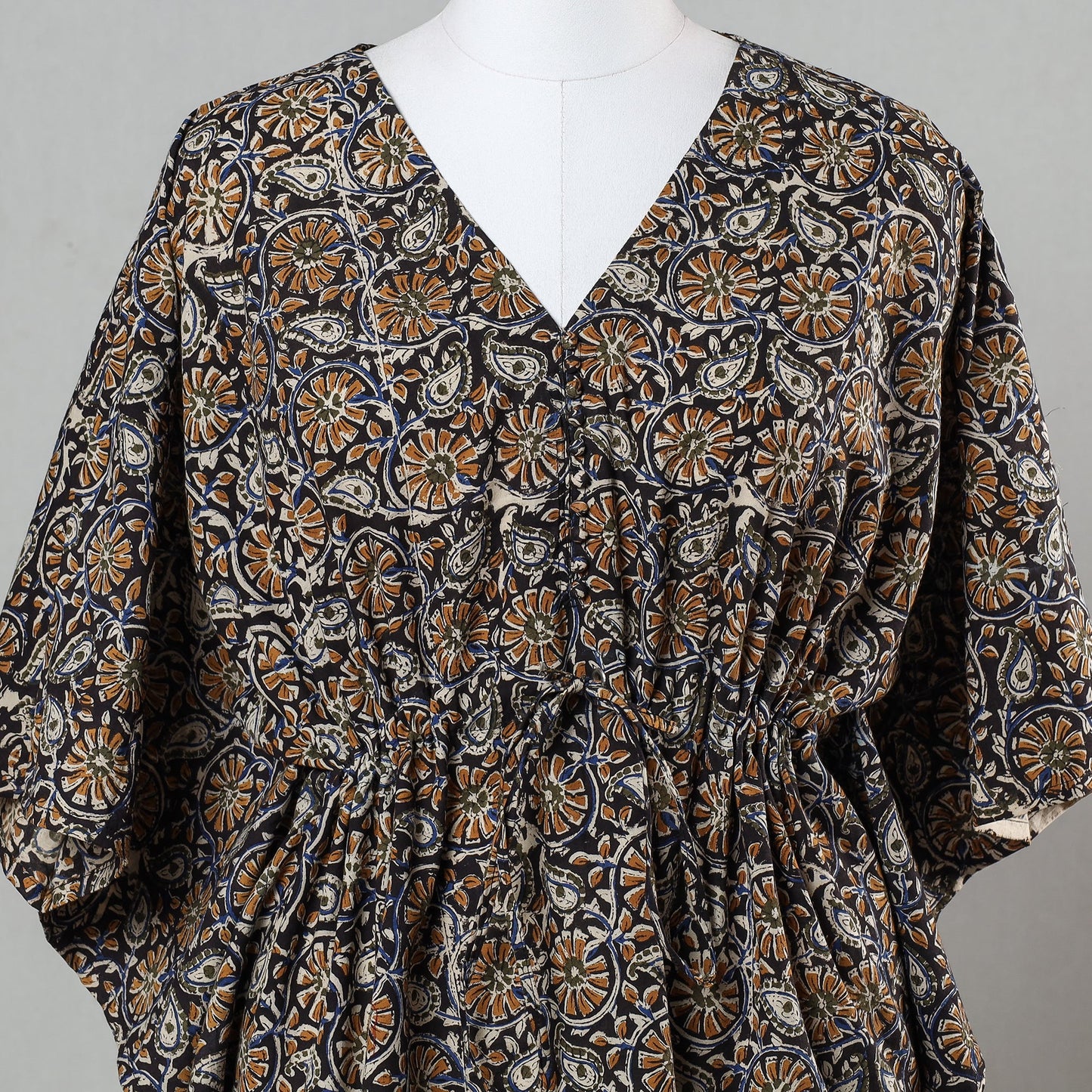 Black - Bagru Block Printed Cotton Kaftan with Tie-Up Waist (Short)