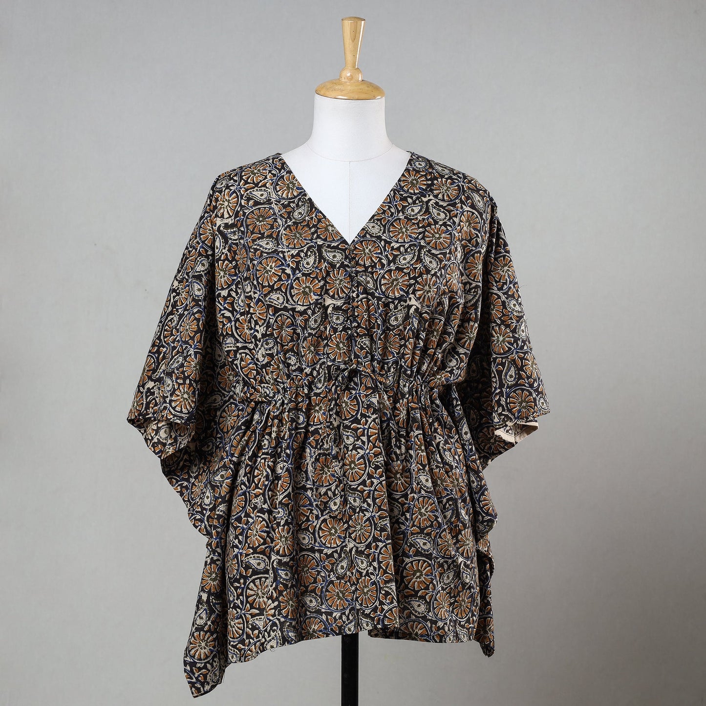 Black - Bagru Block Printed Cotton Kaftan with Tie-Up Waist (Short)