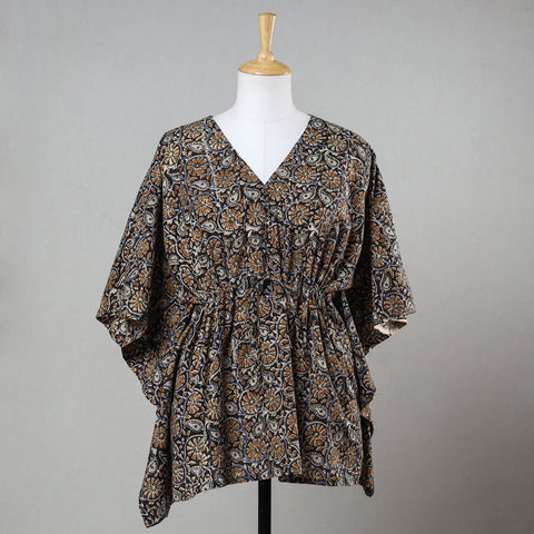 Black - Bagru Block Printed Cotton Kaftan with Tie-Up Waist (Short)