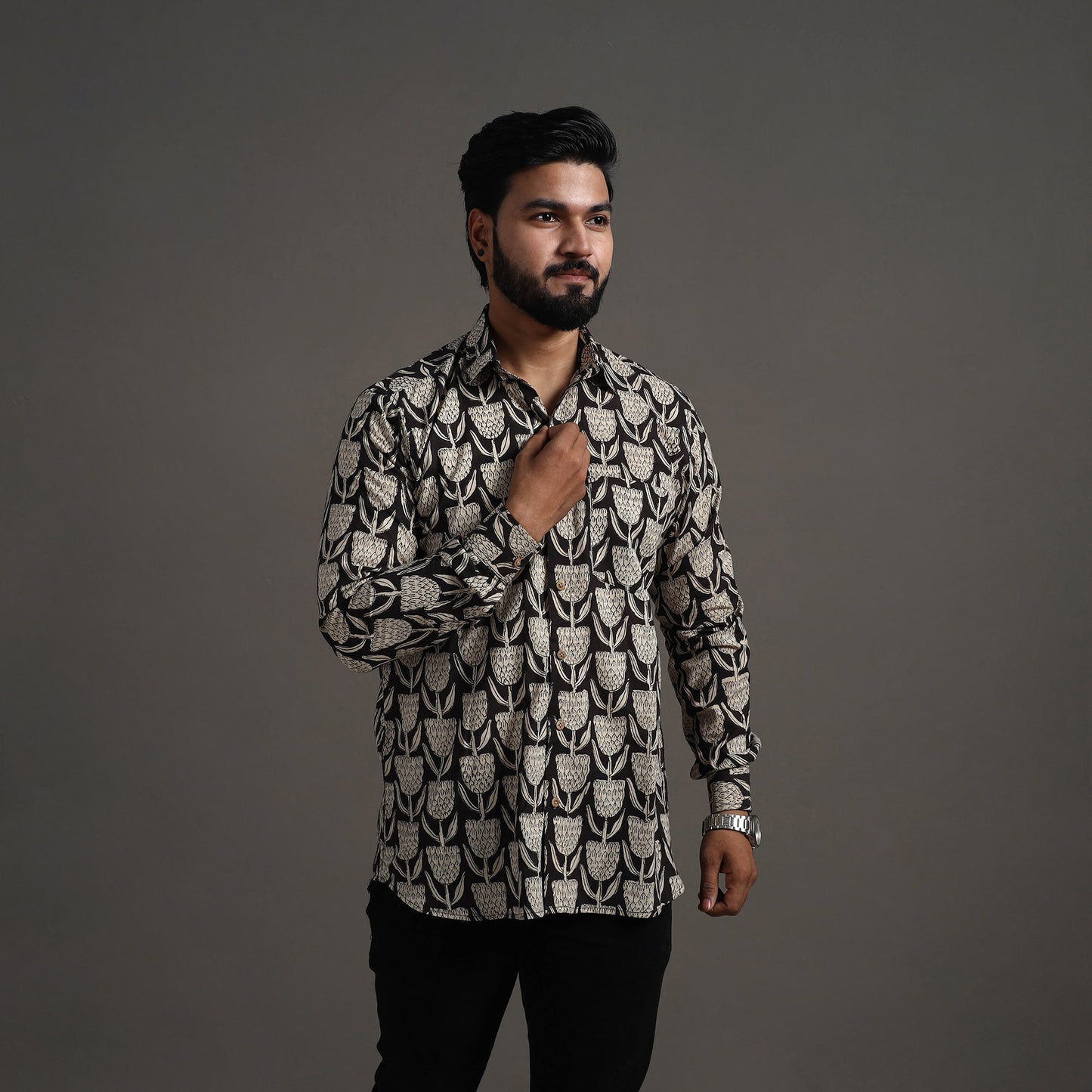 Black Bagru Block Printed Cotton Men Full Sleeve Shirt 