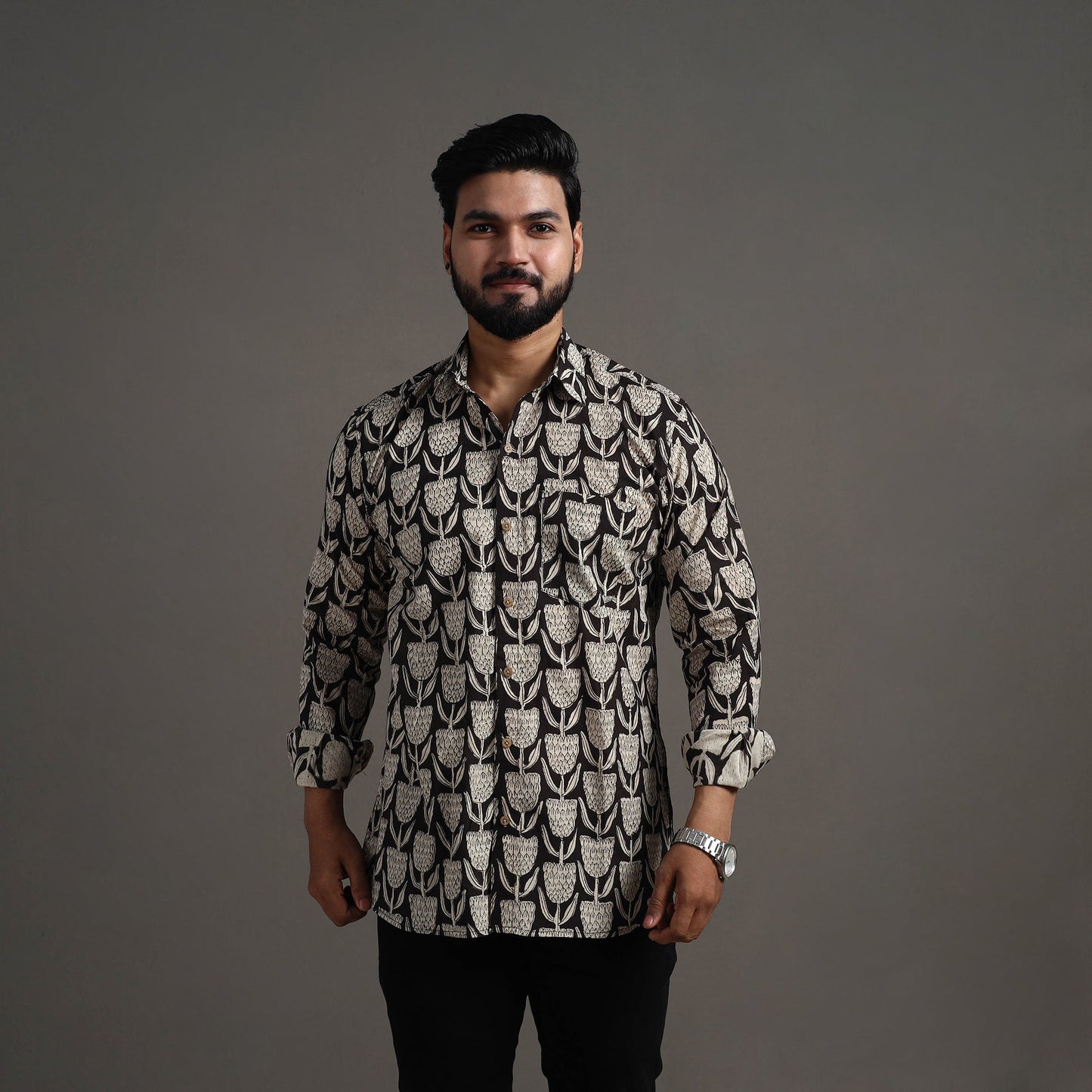 Black Bagru Block Printed Cotton Men Full Sleeve Shirt 