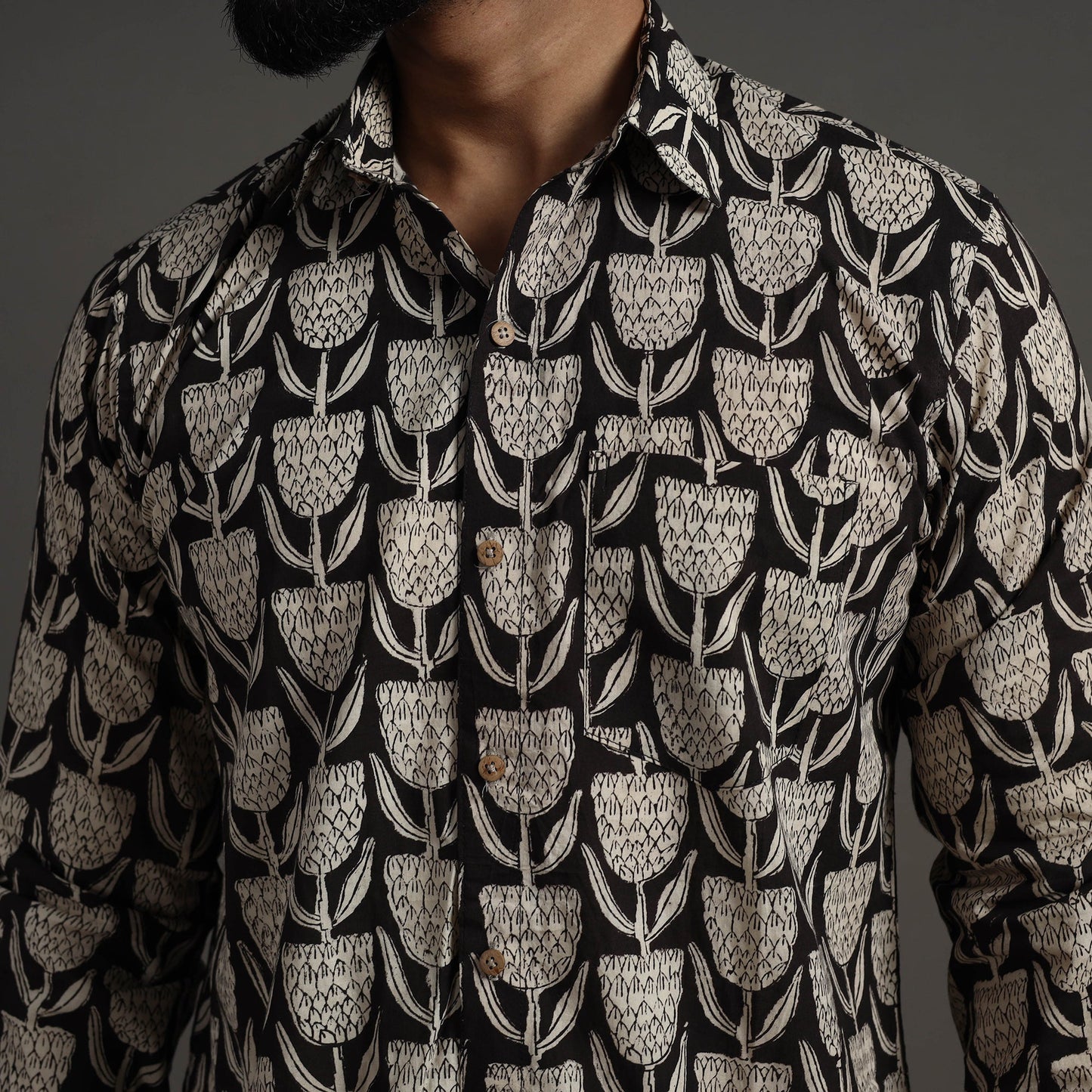 Black Bagru Block Printed Cotton Men Full Sleeve Shirt 