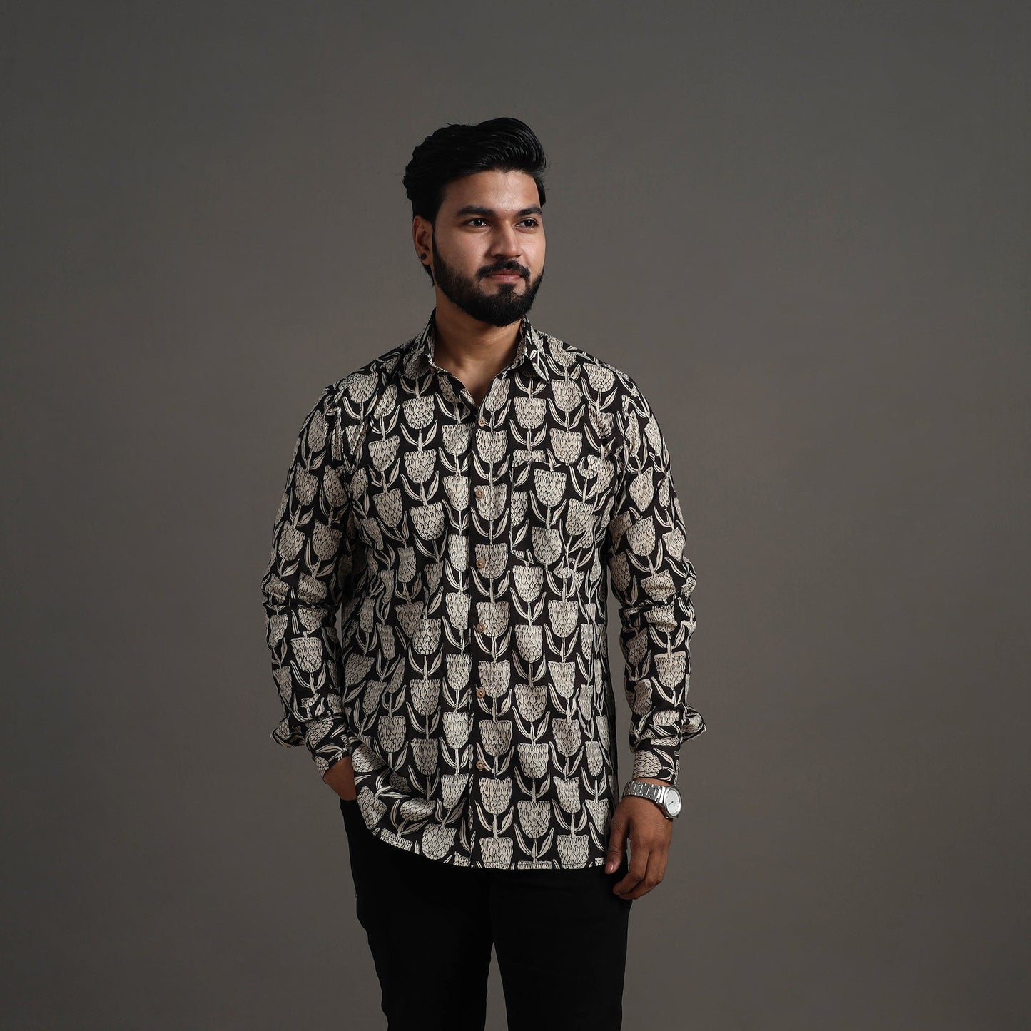 Black Bagru Block Printed Cotton Men Full Sleeve Shirt 