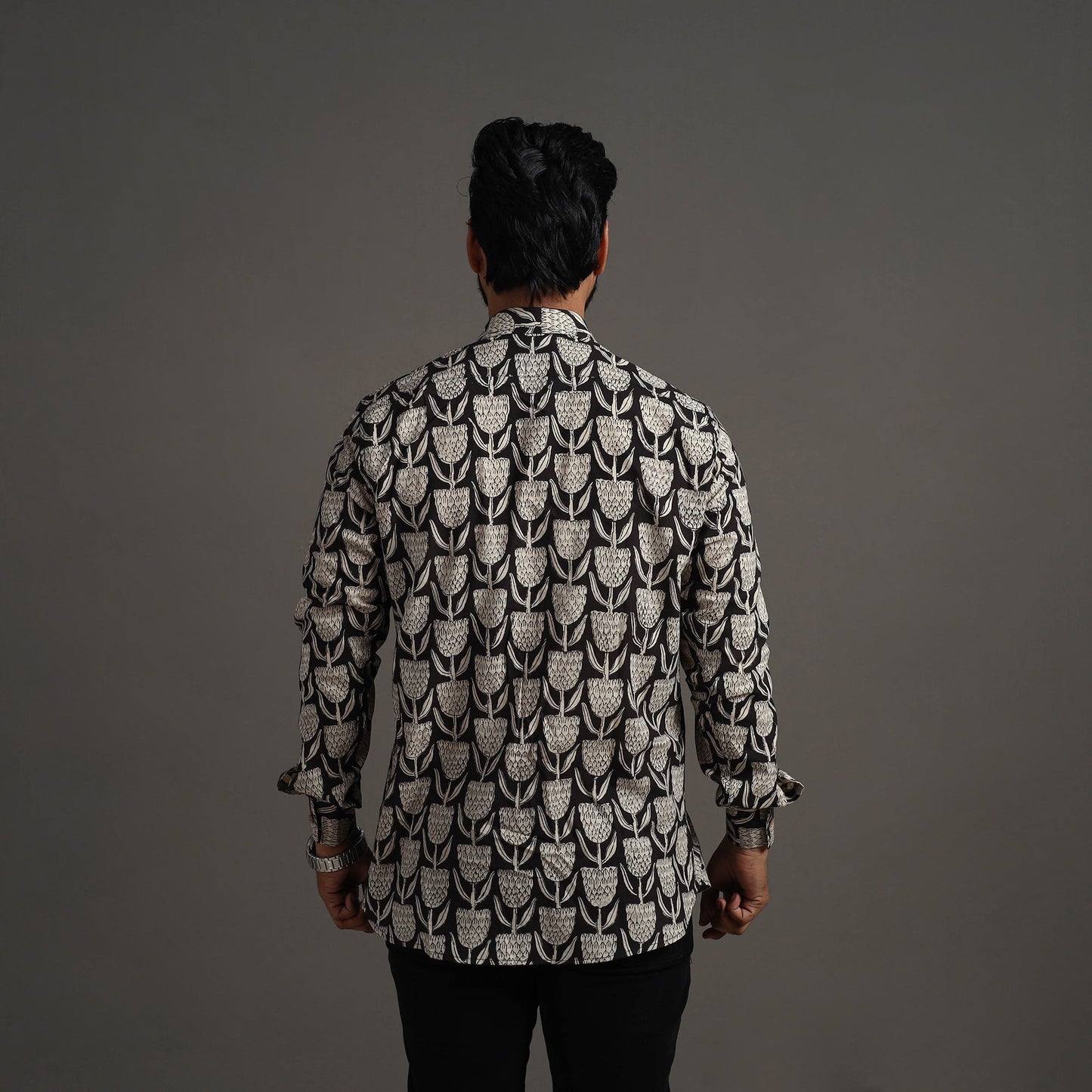 Black Bagru Block Printed Cotton Men Full Sleeve Shirt 