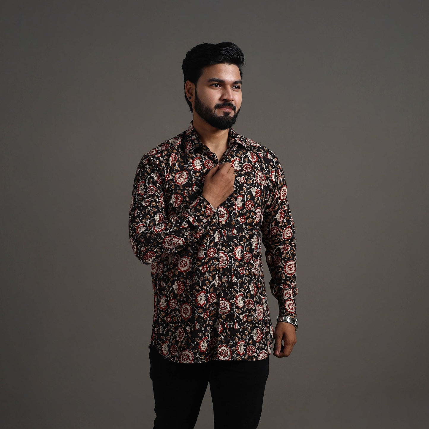 Black Bagru Block Printed Cotton Men Full Sleeve Shirt