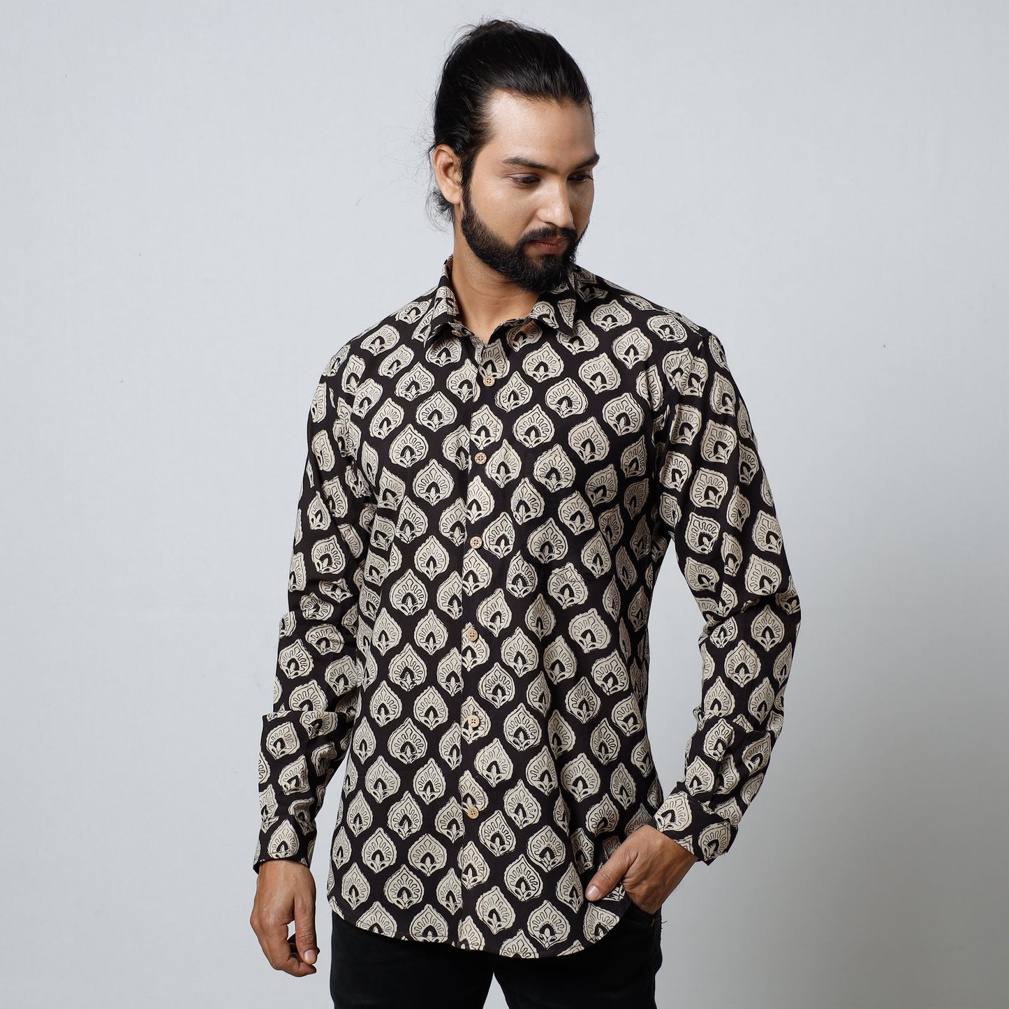 Black Bagru Block Printed Cotton Men Full Sleeve Shirt