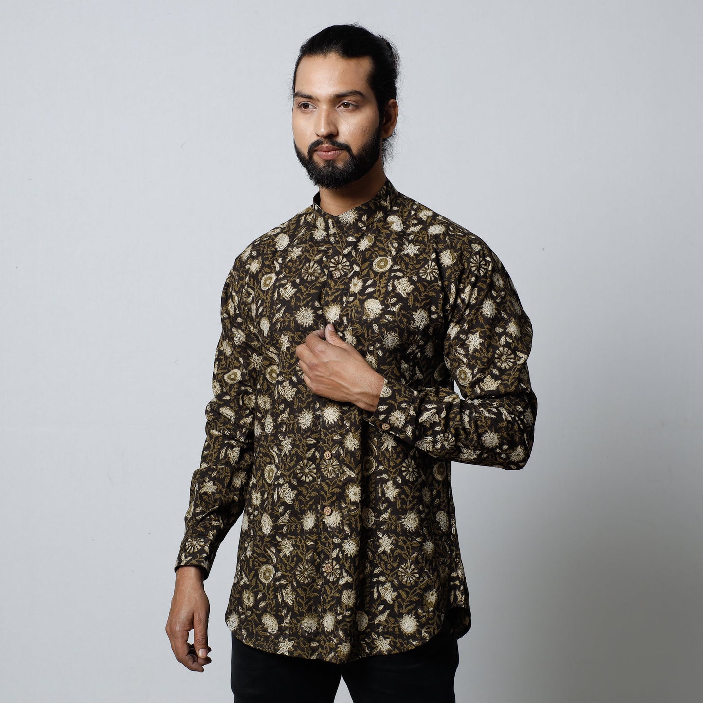 Black Bagru Block Printed Cotton Men Full Sleeve Shirt 