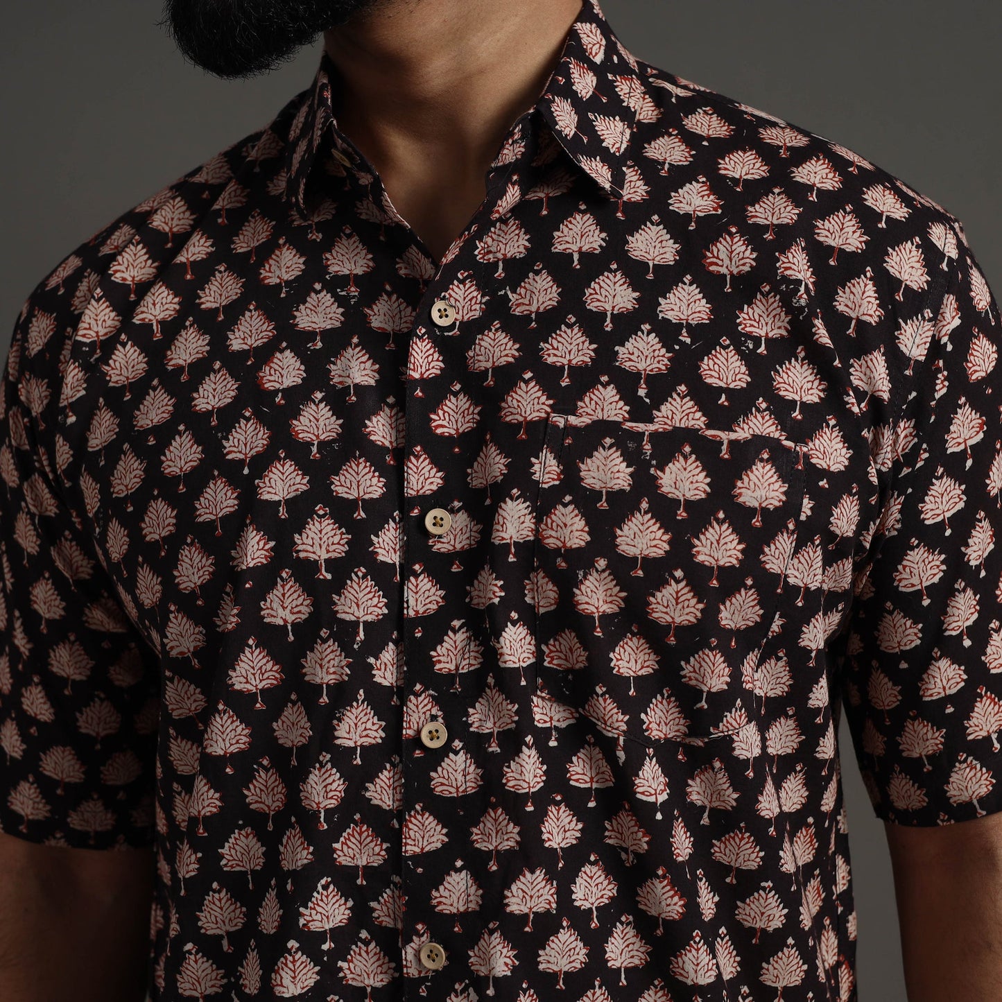 Black Bagru Block Printed Cotton Men Half Sleeve Shirt 