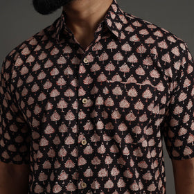 Black Bagru Block Printed Cotton Men Half Sleeve Shirt 