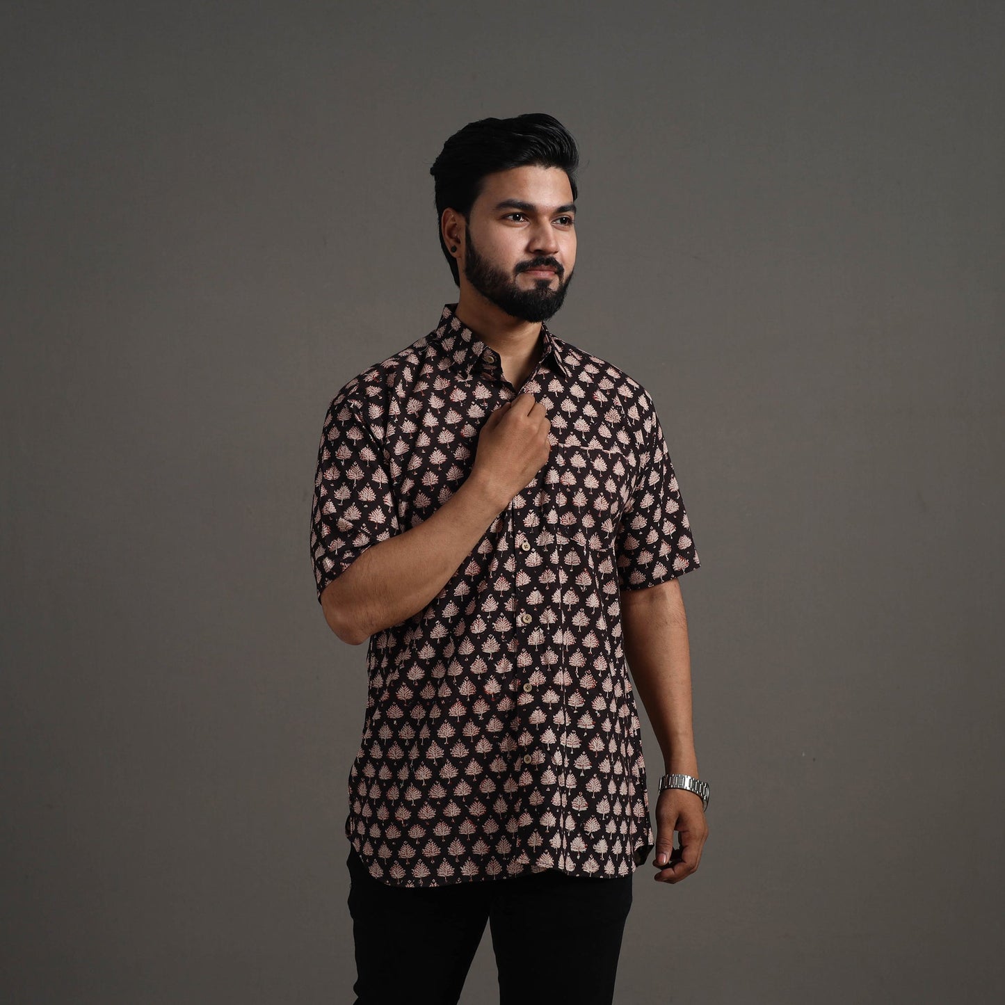Black Bagru Block Printed Cotton Men Half Sleeve Shirt 