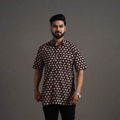 Black Bagru Block Printed Cotton Men Half Sleeve Shirt 