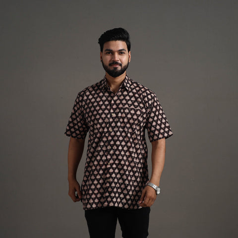 Black Bagru Block Printed Cotton Men Half Sleeve Shirt 