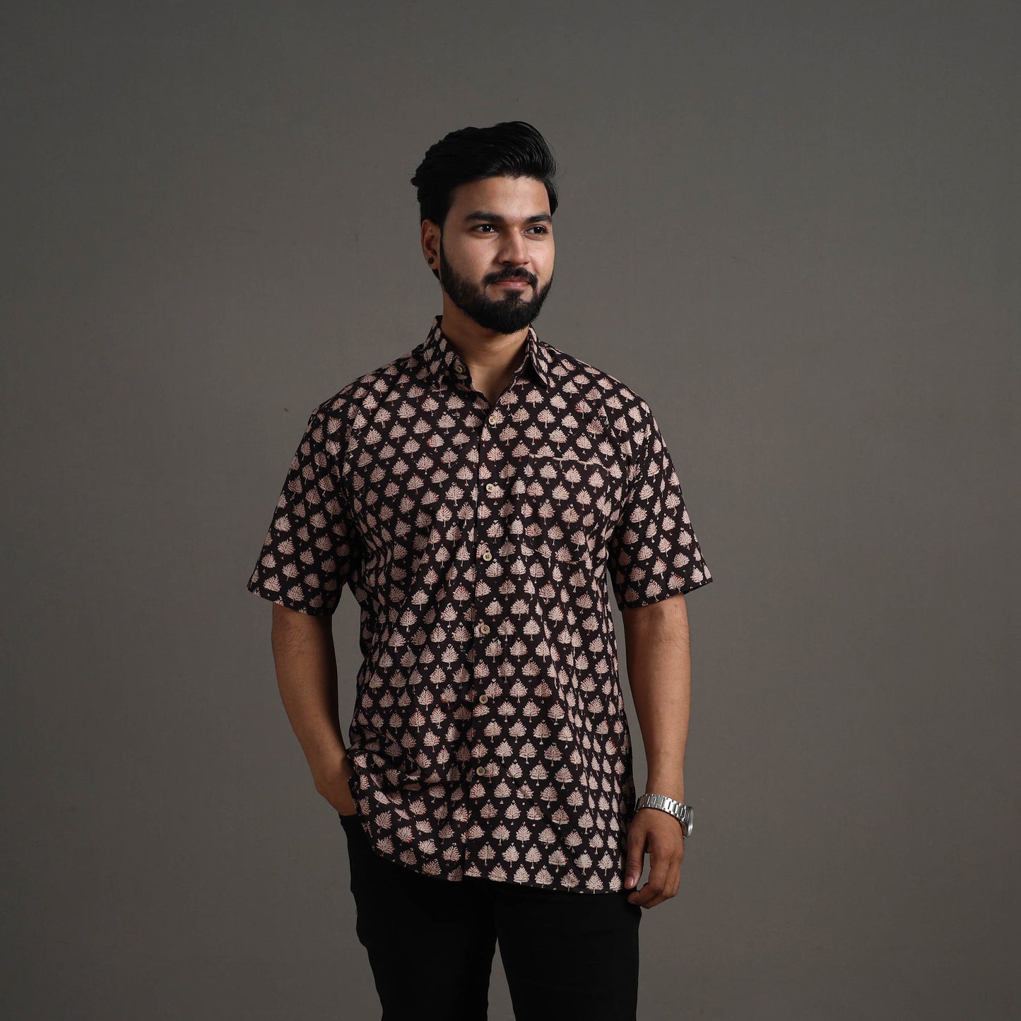Black Bagru Block Printed Cotton Men Half Sleeve Shirt 