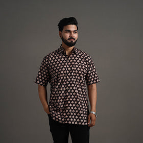 Black Bagru Block Printed Cotton Men Half Sleeve Shirt 