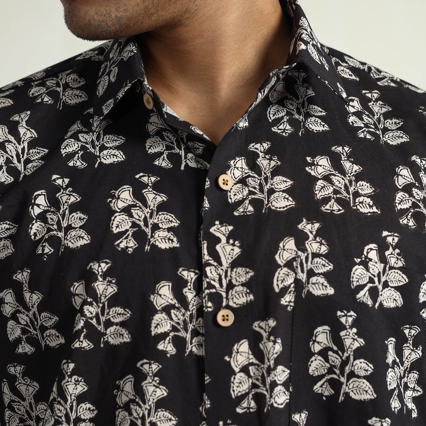 Black Bagru Block Printed Cotton Men Half Sleeve Shirt