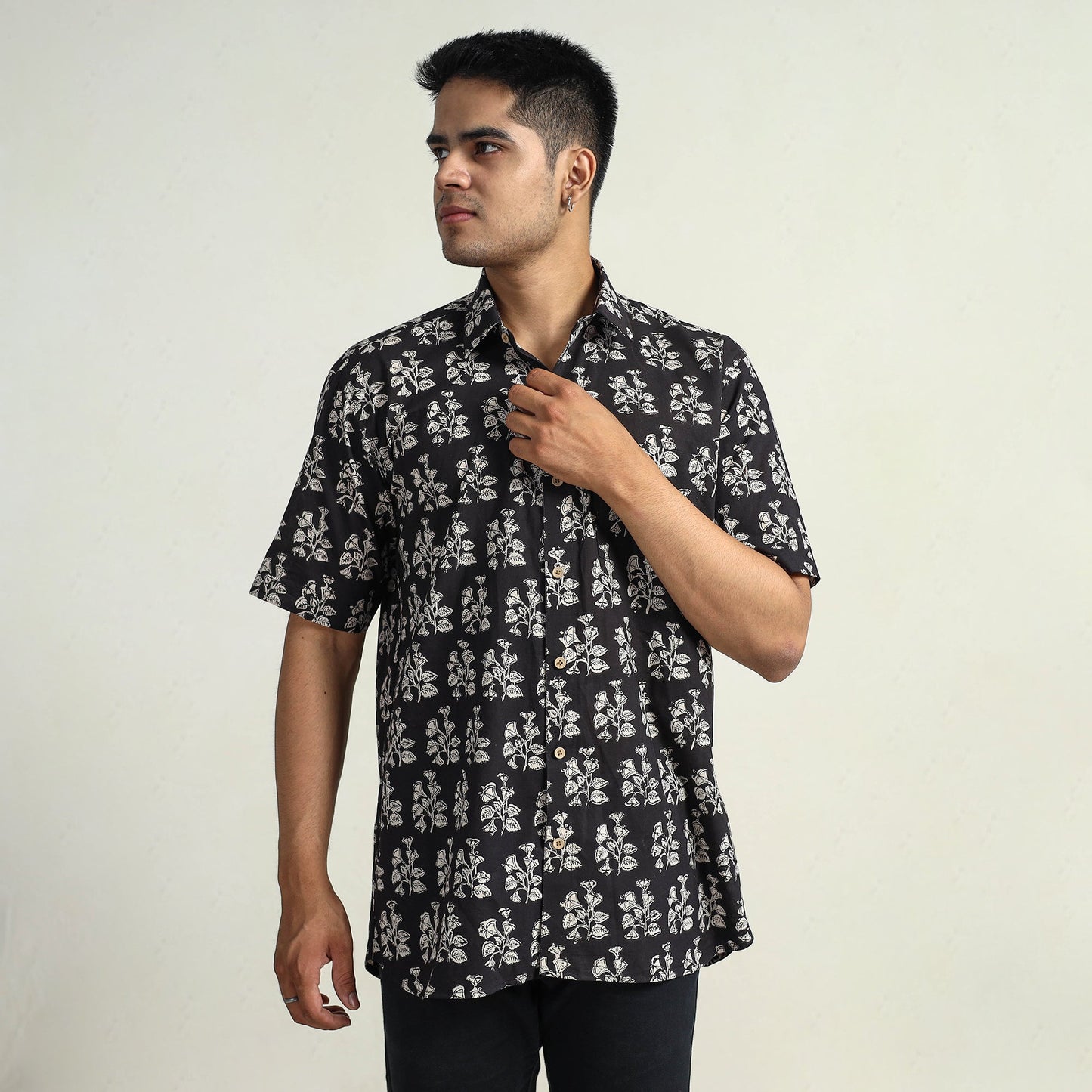 Black Bagru Block Printed Cotton Men Half Sleeve Shirt