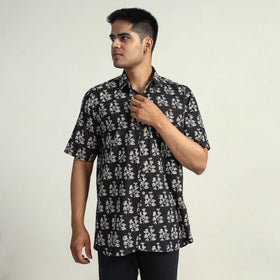 Black Bagru Block Printed Cotton Men Half Sleeve Shirt