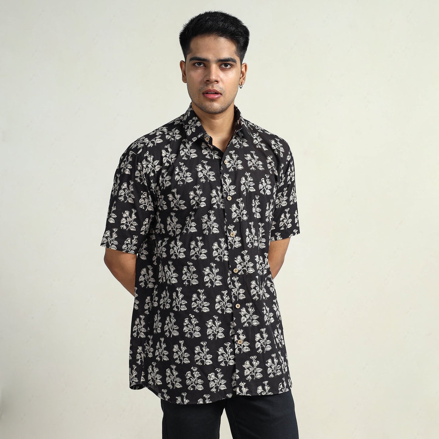 Black Bagru Block Printed Cotton Men Half Sleeve Shirt