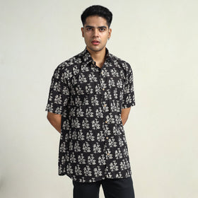 Black Bagru Block Printed Cotton Men Half Sleeve Shirt
