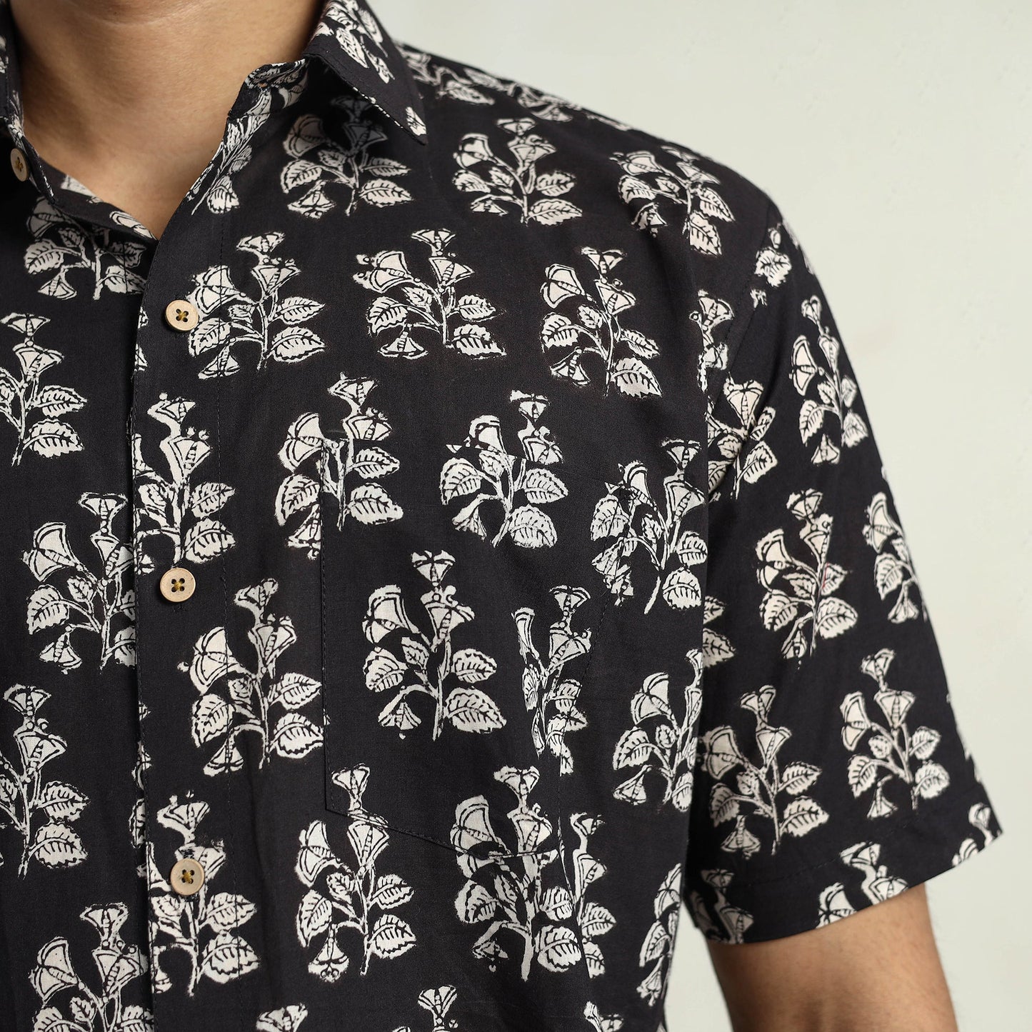 Black Bagru Block Printed Cotton Men Half Sleeve Shirt