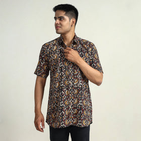 Black Bagru Block Printed Cotton Men Half Sleeve Shirt