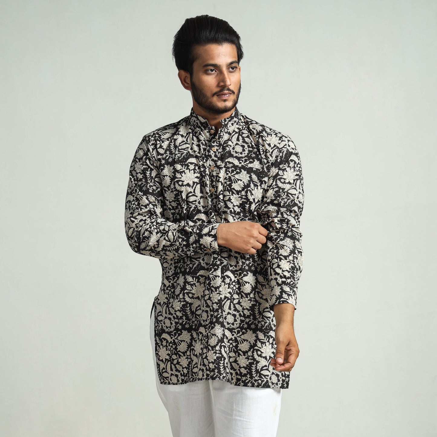 Black - Bagru Block Printed Cotton Men Short Kurta