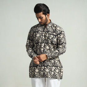 Black - Bagru Block Printed Cotton Men Short Kurta