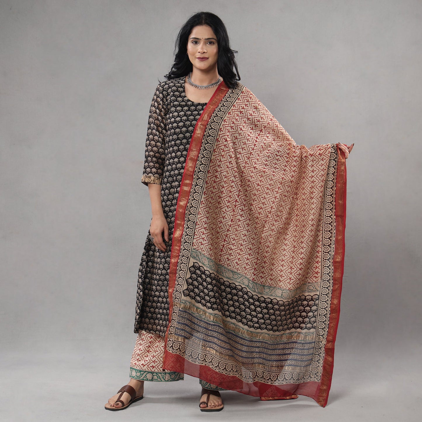  Bagru Block Printing Maheshwari Silk Kurta with Palazzo & Dupatta Set 