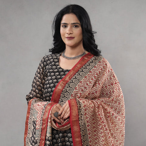  Bagru Block Printing Maheshwari Silk Kurta with Palazzo & Dupatta Set 